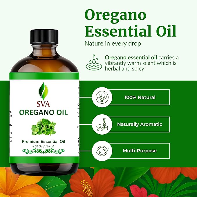 SVA Oregano Essential Oil – 4 Fl Oz – 100% Natural Oregano Oil - for Diffuser, Hair Care, Face, Skin Care, Aromatherapy, Scalp and Body Massage, Soap and Candle Making – with Dropper-VivaGrace Women