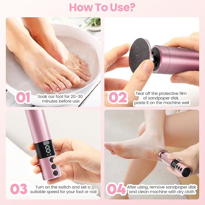 Electric Callus Remover for Feet, Rechargeable Professional Electronic Foot File Nail Grinder,9 Adjustable Speed Foot Sander Scrubber Pedicure Tool for Dry Dead Skin with Sandpaper Discs (Pink)-VivaGrace Women