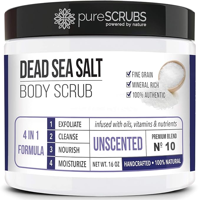 pureSCRUBS Premium Unscented Body Scrub Set - Large 16oz Dead Sea Salt Body Scrub With Infused Essential Oils & Nutrients, Includes Wooden Spoon, Loofah & Oatmeal Exfoliating Bar Soap-VivaGrace Women