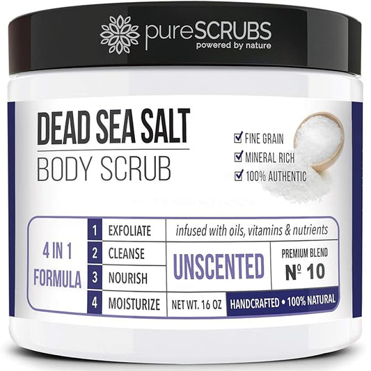 pureSCRUBS Premium Unscented Body Scrub Set - Large 16oz Dead Sea Salt Body Scrub With Infused Essential Oils & Nutrients, Includes Wooden Spoon, Loofah & Oatmeal Exfoliating Bar Soap-VivaGrace Women