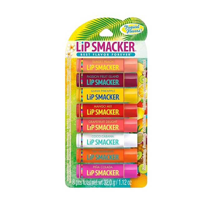 Lip Smacker Flavored Lip Balm Tropic Fever 8 Count (Pack of 1), Passion Fruit, Peach, Breezey-Teazey, Pina Colada, Grapefruit, Coca Cabana, Tangerine, Mango, Clear-VivaGrace Women