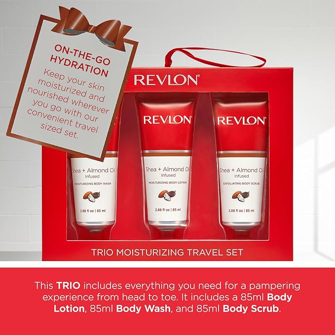 REVLON Get Carried Away Trio Moisturizing Travel Set, Shea Butter and Almond Oil Infused, Moisturizing Body Wash, Body Lotion, Exfoliating Body Scrub, 3 Count (2.88 fl oz)-VivaGrace Women