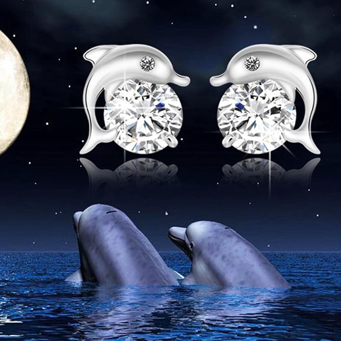 Silver Dolphin CZ Earrings Cute Animal Stud Earrings Tiny Earring Jackets Gifts for Women and Girls-VivaGrace Women