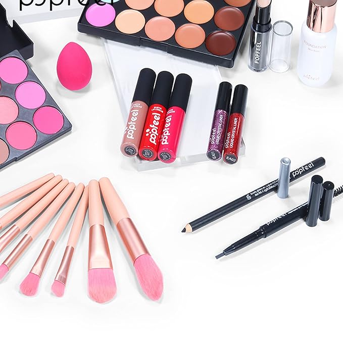 Professional All in One Makeup Kits for Women, Cosmetic Essential Starter Bundle, Eye Shadow, Blush, Liquid Lipgloss, Foundation Brush, Makeup Set with Makeup Bag, Christmas Valentines Gift Box-VivaGrace Women