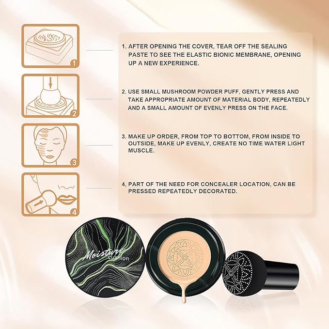 Mushroom Head Air Cushion CC Cream - Oil Control & Moisturizing Concealer Makeup Base, Brighten Long - Lasting Even Color Correcting Concealer Full Coverage for All Skin Types (Natural)-VivaGrace Women