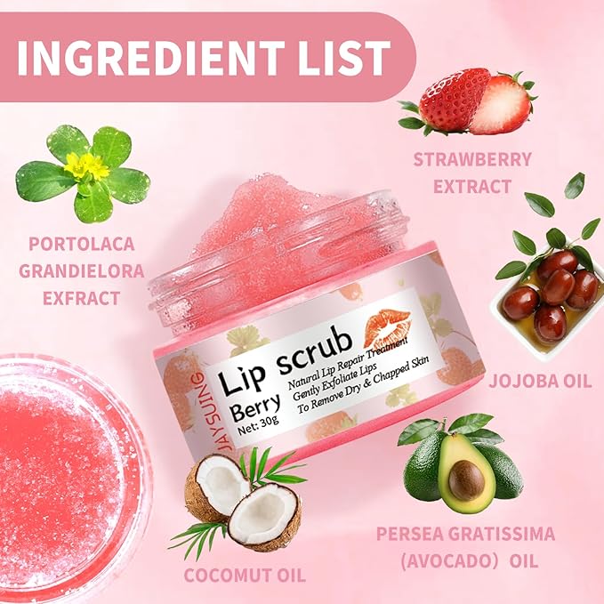 Lip Scrub, Natural Lip Scrub Exfoliator, 2Pcs Lip Exfoliator Lip Scrub for Dark Lips to Lighten,Repair Dry Lips,Chapped Lips (Berry)-VivaGrace Women