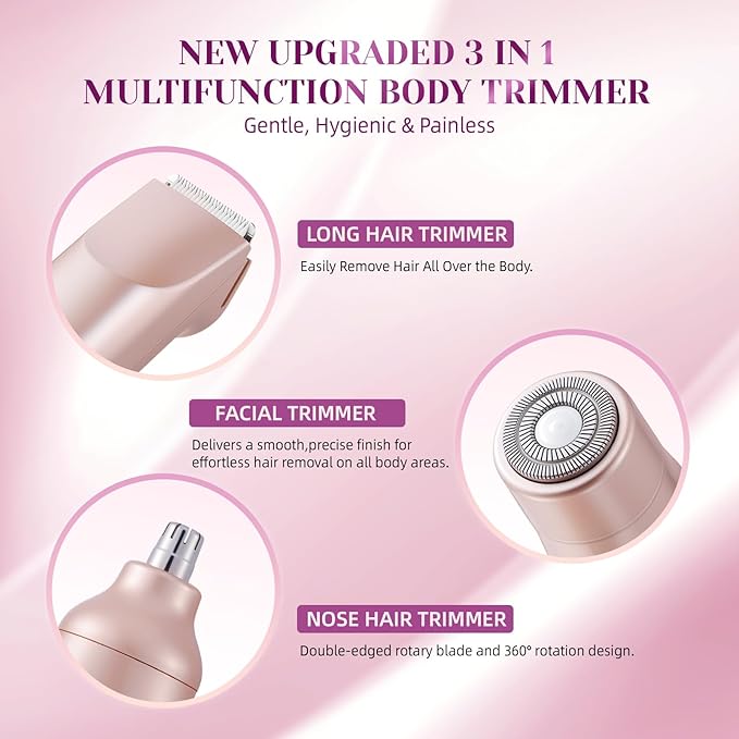 Bikini Trimmer for Women，3 in 1 Electric Razor with Ceramic Blades, IPX7 Waterproof, USB Rechargeable, Painless Hair Removal for Face，Body，Bikini Area, Travel Grooming Kit (Rose Gold)-VivaGrace Women