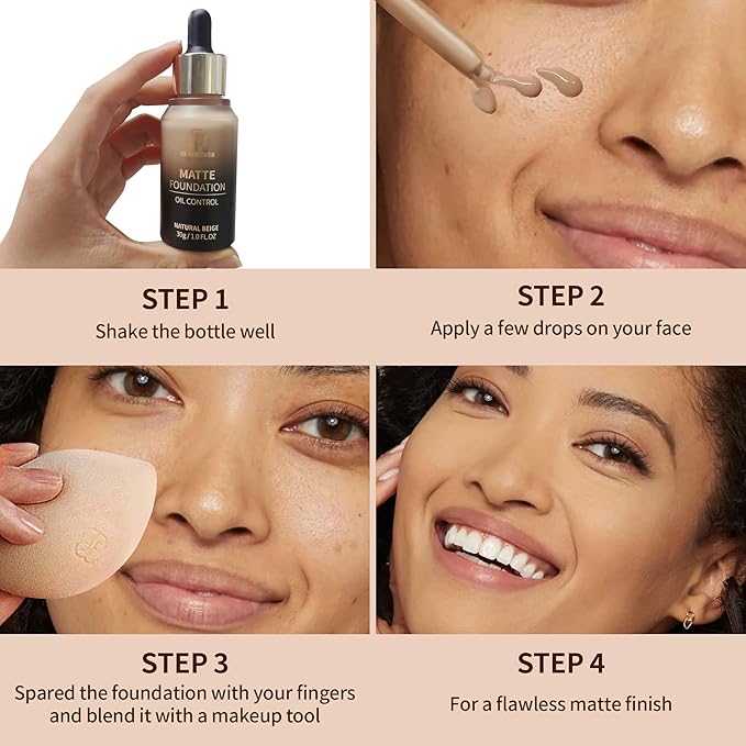 FV Full Coverage Liquid Foundation Makeup, Long Lasting Matte Foundation with Flawless Finish, Concealing & Minimizing Pores, Oil Control Waterproof for Oily Combination Skin, 1 Fl. Oz (Natural Beige)-VivaGrace Women