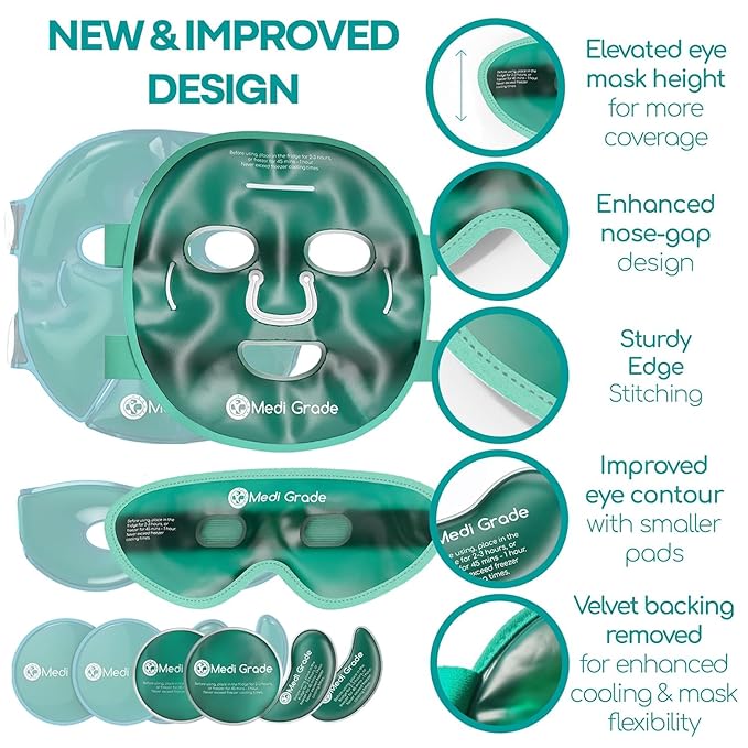 Medi Grade Cooling Ice Face Mask and Cooling Eye Mask for Puffy Eyes & Migraine Relief - Self Care Face Ice Pack with ChillGel Face Ice Mask Technology - Cooling Face Mask, Eye Pads and Bag-VivaGrace Women