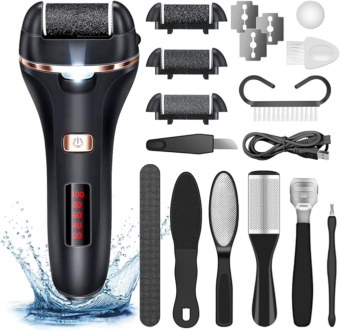 Electric Callus Remover for Feet,Rechargeable Foot File Hard Skin Remover,Waterproof 14 in1 Professional Pedicure Kit for Cracked Heels &Dead Skin,with 3 Roller Heads 2 Speed-VivaGrace Women