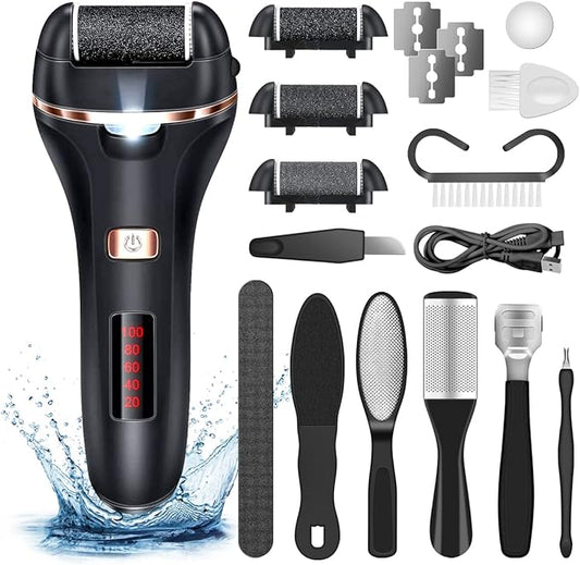 Electric Callus Remover for Feet,Rechargeable Foot File Hard Skin Remover,Waterproof 14 in1 Professional Pedicure Kit for Cracked Heels &Dead Skin,with 3 Roller Heads 2 Speed-VivaGrace Women