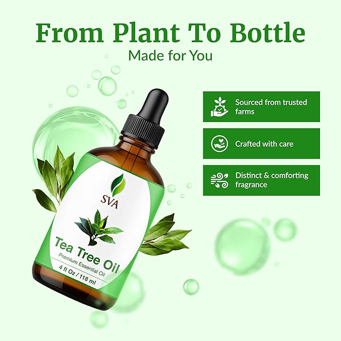 SVA Tea Tree Essential Oil – 4 Fl Oz – 100% Natural Tea Tree Oil - for Diffuser, Hair Care, Face, Skin Care, Aromatherapy, Scalp and Body Massage, Soap and Candle Making – with Dropper-VivaGrace Women