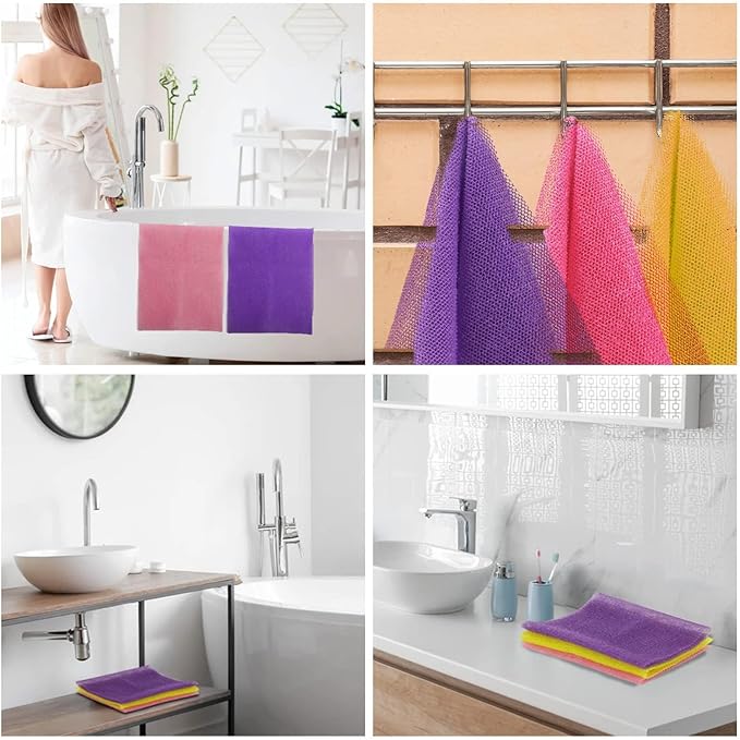 UJFQBH 3 Pieces African Bath Sponge African Net Long Net Bath Sponge Exfoliating Shower Body Scrubber Back Scrubber Skin Smoother,Great for Daily Use (Pink,Yellow,Purple)-VivaGrace Women