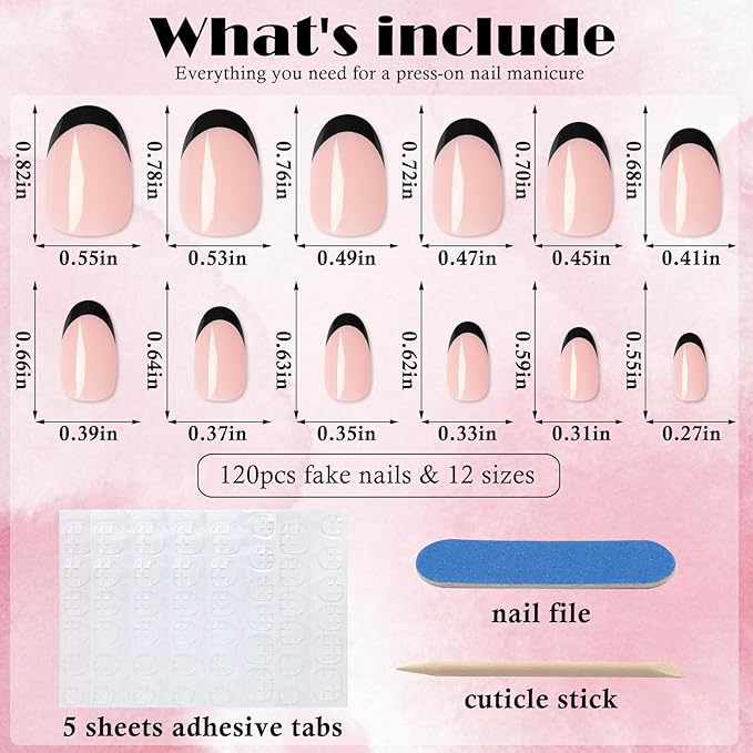 AddFavor French Tip Press on Nails Short Oval Fake Nails, 120pcs Black French Tips Nails Press on Medium Almond False Acrylic Nails for Women and Girls