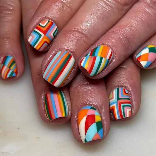 24 Pcs Press on Nails Short Rainbow Fake Nails Square False Nails Design Colorful Stripes and lozenge Designs Glossy Artificial Nail Art Reusable Stick on Nails Kit for Women - 24 Pcs in 12 Sizes
