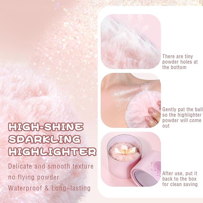 Highlighter Makeup Powder Plush Peach Ball Puff Glitter Shimmer Sparkle Loose Patting Powder for Body Face Hair Multi-Use High Gloss Shine Bright Illuminator Makeup Glossy Diamond Glow-VivaGrace Women