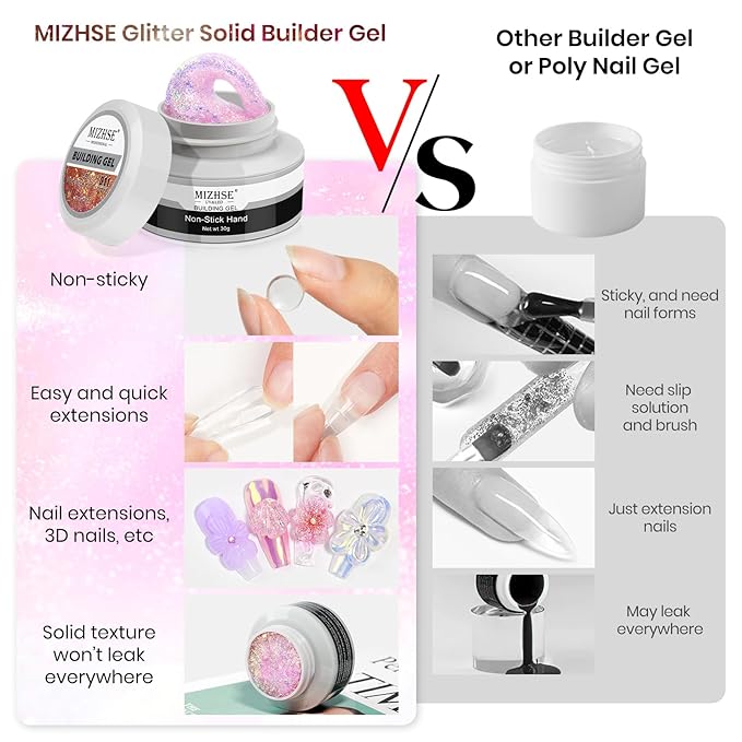 MIZHSE 2PCS Solid Builder Gel for Nails: 30g/1oz Clear & Pink Glitter Hard Gels for Nails 3D Gel with Dual Forms 3D Silicone Mold Soak off U V Builder Gels for Nail Art Manicure Home DIY-VivaGrace Women
