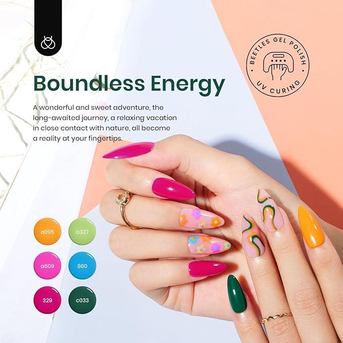 beetles Gel Polish Set - Hot Pink Green Blue Orange Gel Nail Polish Rainbow Boundless Energy Collection Holiday Nail Art Design Soak Off Uv LED Manicure DIY Home-VivaGrace Women