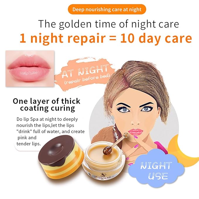 3 PCS Bee Lip Balm Honey Pot, Honey&Strawberry&Watermelon Lip Sleeping Mask Hydrating Prevention Dry and Cracked Lip Scrubs Exfoliator Lip Care, Overnight Lip Mask Reduces Lip Lines-VivaGrace Women