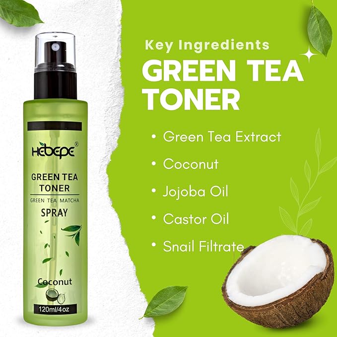 Green Tea Matcha Facial Toner Mist with Coconut Water, Refreshing, and Soothing Face Toner, with Jojoba Oil, Castor Oil, Snail Filtrate,120ml-VivaGrace Women