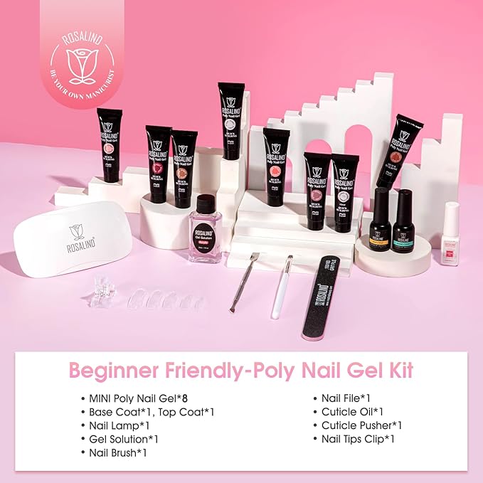 ROSALIND Poly Nail Gel Kit -8 Colors + White Brown Accessories Clear Nude Poly Nails Gel Starter Kit With Slip Solution Nude Pink Extensions Set with Mini UV Lamp-VivaGrace Women