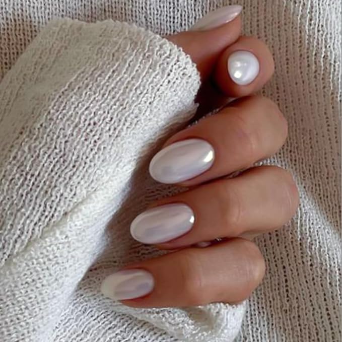 Almond Fake Nails Medium Press on Nails with Chrome Designs Mirror White Stick on Nails Glossy Glue on Acylic Nails for Women
