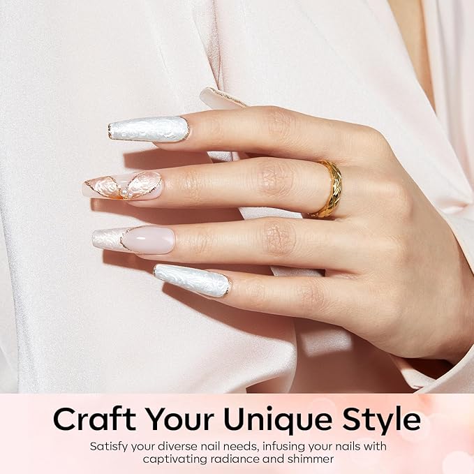 modelones Pearl Gel Nail Polish, 6 Colors Shimmer Glitter Iridescent White Nude Blue Pink Mermaid Nail Drawing Soak Off Gel Polish Swirl Shell Thread Effect Gift DIY at Home with Dotting Pen-VivaGrace Women