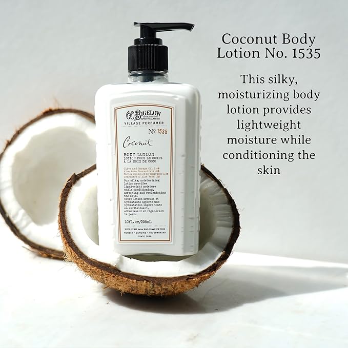 C.O. Bigelow Coconut Body Lotion, Village Perfumer Moisturizing Body Lotion with Aloe Vera, Borage Oil & Olive Oil, 10 Fl Oz-VivaGrace Women