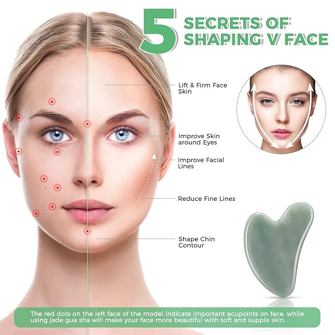 Gua Sha Guasha Facial Tools - Guasha Tool for Face Gua Sha Jade Stone Larbois Gua Sha Scraping Massage Tool for Face and Body SPA Acupuncture Therapy Relieve Muscle Tension Reduce Puffiness (Green)-VivaGrace Women