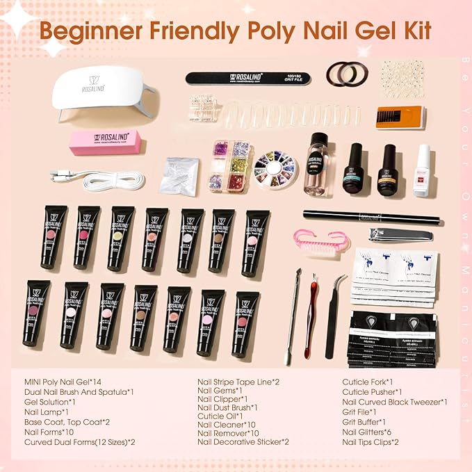 ROSALIND Poly Nail Gel Kit -14 Colors +72 Nail Art Accessories kit Clear Nude Poly Nails Gel Kit Starter Kit with Mini UV Lamp Slip Solution Basic Tools for Beginners with Everything-VivaGrace Women