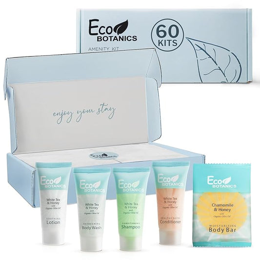 Eco Botanics Amenity Kit | Boxed Hotel Toiletries | Bulk Set .85 oz Travel Size Shampoo, Conditioner, Lotion, Body Wash & Body Bar Soap for Guest Hospitality AirBnB/Vacation Rentals | 60 sets per case-VivaGrace Women