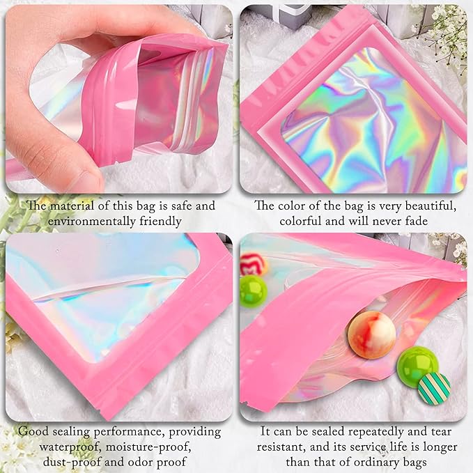100 Pack Holographic Bags, Resealable Bags Packaging Bag with Clear Window Resealable Odor Foil Pouch for Food Storage, Lipgloss&Jewelry Lash Packaging(Pink, 2.4 x 3.9 Inch)-VivaGrace Women