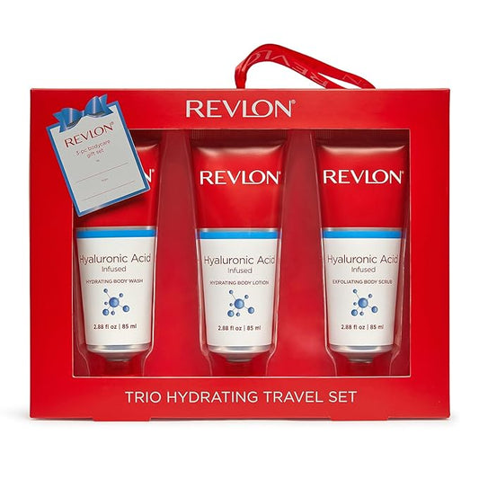REVLON Get Carried Away Trio Hydrating Travel Set, Hyaluronic Acid Infused, Hydrating Body Wash, Body Lotion, Exfoliating Body Scrub, 3 Count (2.88 fl oz)-VivaGrace Women