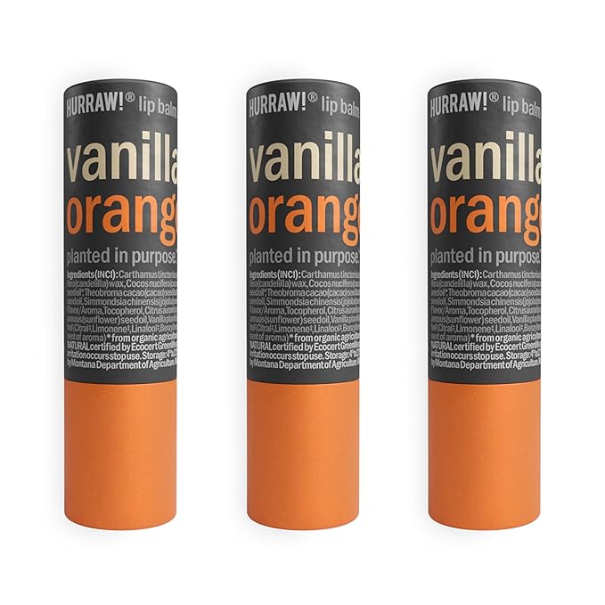 Hurraw! Vanilla & Orange Lip Balm, 3 Pack: Plastic-Free with new cardboard push-up tube. Certified Organic, All Natural Origin, Vegan & Cruelty Free. Gluten, Bee, Shea, Soy & Palm Free. Made in USA-VivaGrace Women