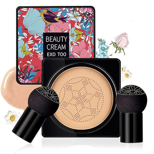 Mushroom Head Air Cushion CC Cream Foundation,Beauty Cream EXO TOO Moisturizing BB Cream, Long Lasting Matte Concealer with 2PCS Mushroom Head Sponges (Natural)-VivaGrace Women