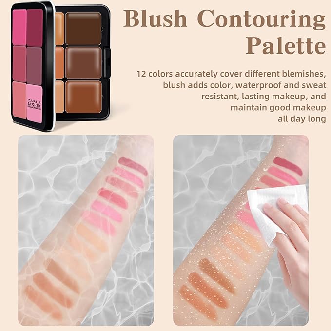 Cream Blush & Concealer Palette, 12 Colors, Long Wearing, Smudge Proof, Blendable Matte Finish, Face Makeup (02)-VivaGrace Women
