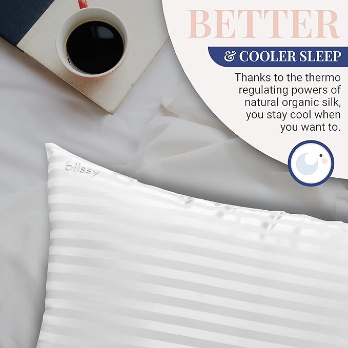 Blissy Silk Pillowcase - 100% Pure Mulberry Silk - 22 Momme 6A High-Grade Fibers - Silk Pillow Cover for Hair & Skin - Regular, Queen & King (White Striped, Standard)-VivaGrace Women