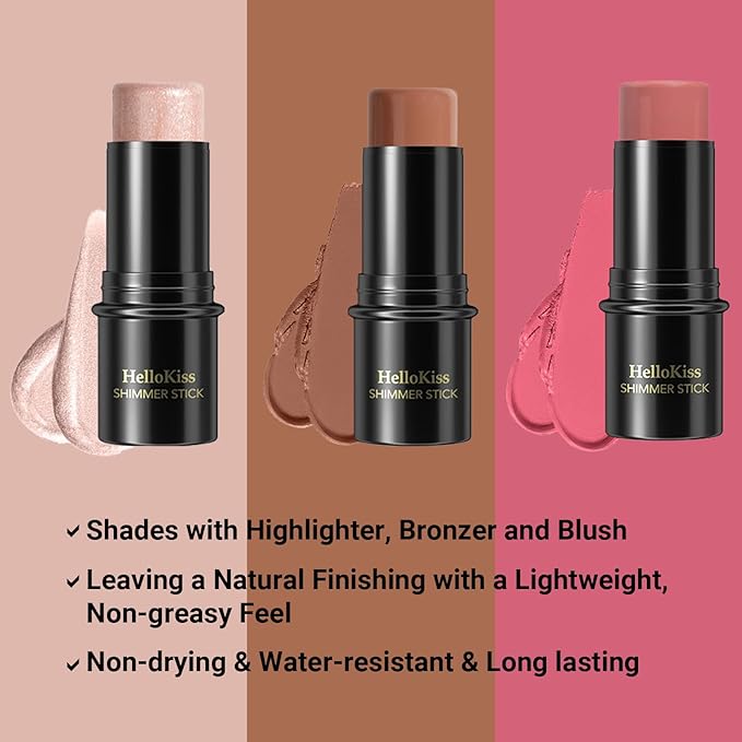 3Pcs Cream Contour Stick, with Highlighter Stick Bronzer Stick Blush Stick, Face Contour Stick Highlighter Makeup with Makeup Brush and Sponge for Sculpt the Cheeks, Long Lasting, Waterproof-VivaGrace Women