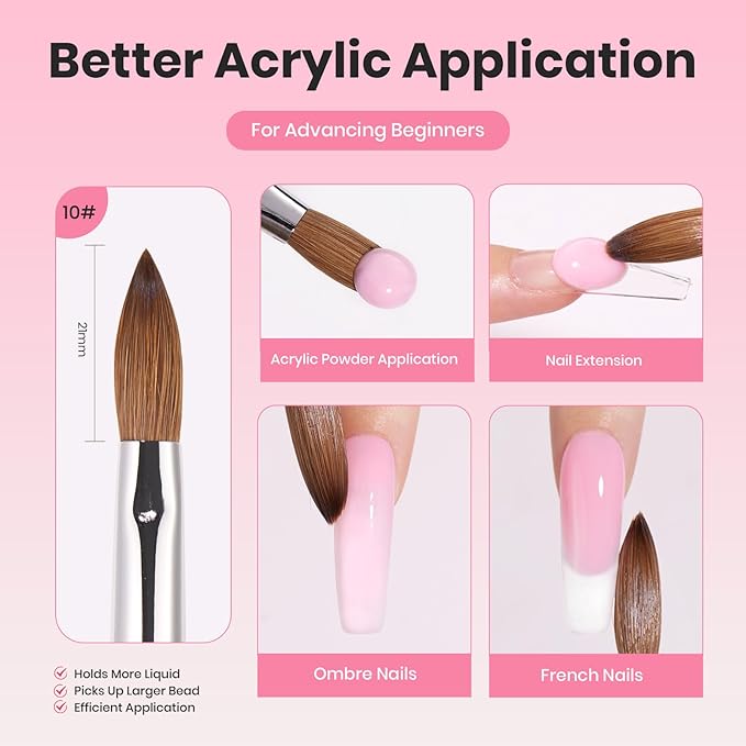 Beetles Acrylic Nail Brush Kolinsky Hair Bristles Round Shaped Metal Handle Nail Art Brushes for Manicure Extension Acrylic Powder DIY at Home Manicure Tool - Size 10-VivaGrace Women