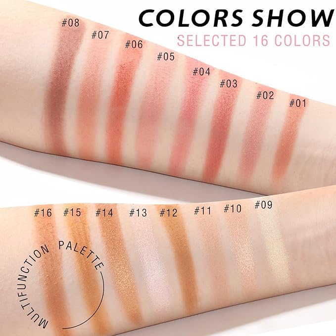 16 Colors Blush Contour Highlighter Makeup Palette, All-in-One Shimmer Silky Matte Mineral Blush Powder Palette, Face Sculpting Bronzer Blusher Illuminator Palette for a Natural Glowing-VivaGrace Women