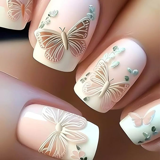Square Press on Nails Medium Fake Nails White French False Nails with Butterfly Designs Spring Nail Press ons Full Cover Glue on Nails Artificial Nails Cute Stick on Nails for Women 24Pcs