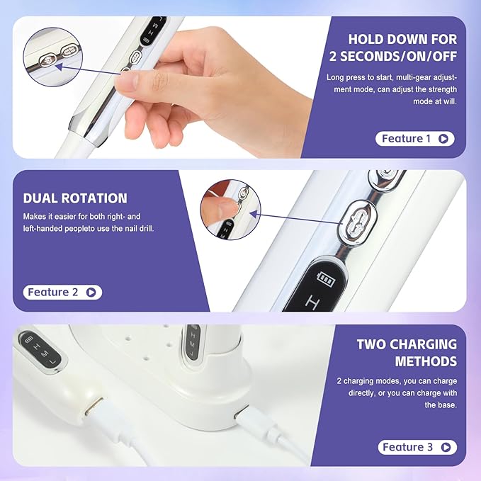 Electric Nail Drill File Cordless,Portable Rechargeable Nail File Kit for Acrylic & Gel Nails,Professional Efile for Manicure Pedicure Polishing,with 12 Nail Drill Bits 31 Sanding Bands,White-VivaGrace Women