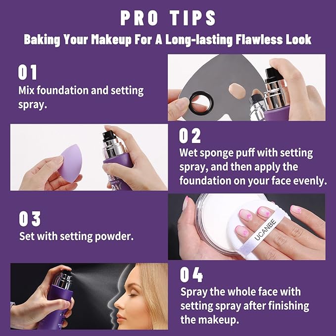UCANBEMAKUP Long Lasting Makeup Setting Spray Kit- 6.76 Fl oz Hydrating Matte Finish Mist Lightweight Face Make up Fixer +Translucent Loose Setting Powder+2PC Sponge Puff Set-VivaGrace Women