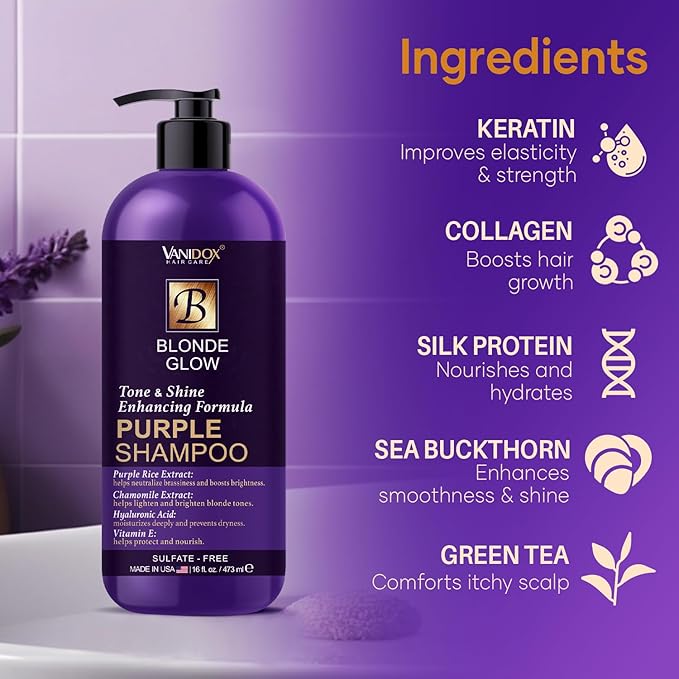 Sulfate Free Brass Toning Purple Shampoo for Blondes, Brown Highlighted, or Bleached Hair, Infused with Purple Rice Extract, Hyaluronic Acid, Vitamin E, and Chamomile Extract (16 fl oz)-VivaGrace Women