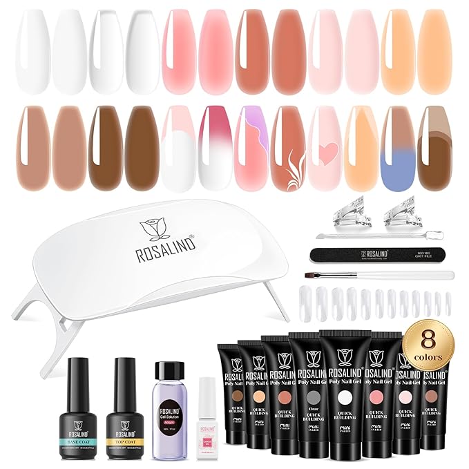 ROSALIND Poly Nail Gel Kit -8 Colors + Nail Art Accessories Kit Neon Poly Nails Gel Kit Starter Kit With Slip Solution Pro Clear Bright Colors Nail Extensions Gel Set with Mini UV Lamp-VivaGrace Women