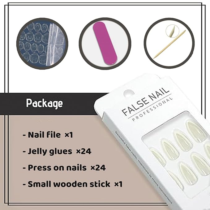 Medium Press on Nails Almond Fake Nails with Chrome Designs Glossy False Nails White Glue on Acrylic Nails for Women and Girls