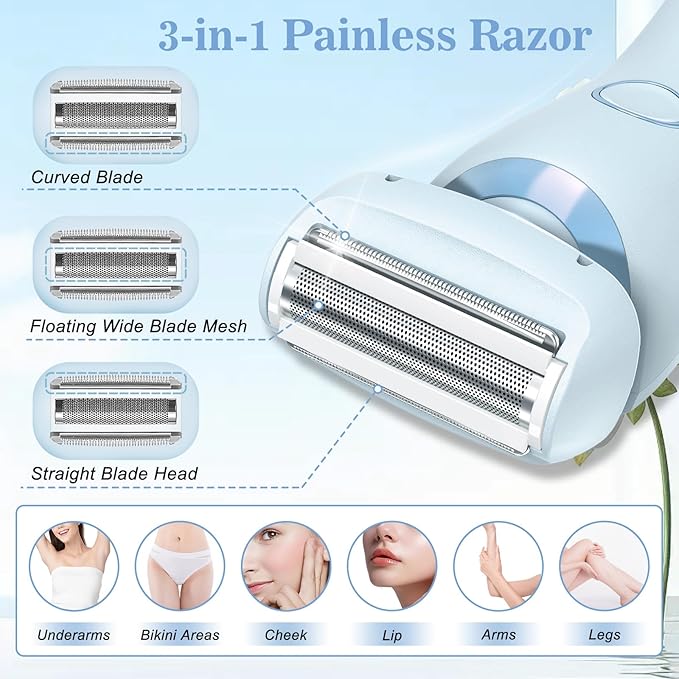 Livora Electric Shaver for Women, 2 in 1 Wet & Dry Bikini Trimmer with 2 Removable Heads, The Glide Pro 3.0 Razor, Painless Hair Removal for Bikini, Legs, Underarms, Body (Blue)-VivaGrace Women