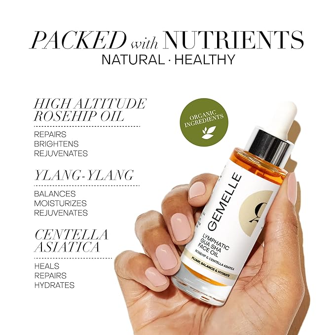 GEMELLE Lymphatic Gua Sha Face Oil | 10x Award Winner | Detox, Plump, Balance, Hydrate | High-Altitude Rosehip, Centella Asiatica & More! | Organic, Natural, Clean Beauty | Starter, Travel 15ml-VivaGrace Women