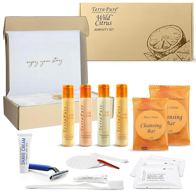 Terra Pure Amenity & Accessory Kit |1 oz Travel Size Shampoo, Conditioner, Lotion, Body Wash, 2 Cleansing Bars, Shave & Dental Sets, Make-Up Remover Wipes, & Vanity Kit | 1 set per case-VivaGrace Women