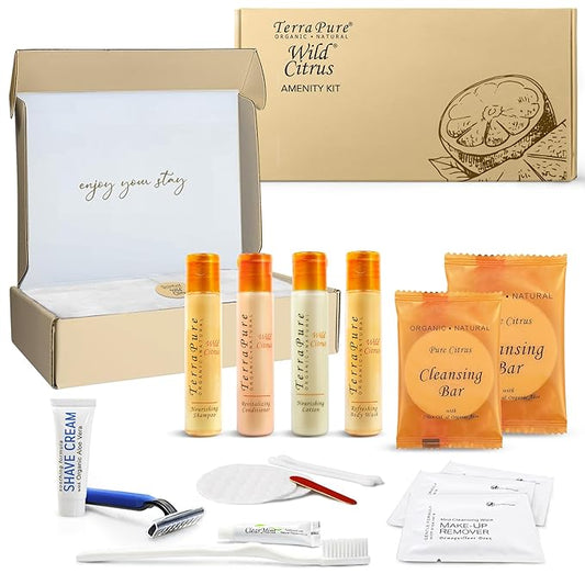 Terra Pure Amenity & Accessory Kit |1 oz Travel Size Shampoo, Conditioner, Lotion, Body Wash, 2 Cleansing Bars, Shave & Dental Sets, Make-Up Remover Wipes, & Vanity Kit | 1 set per case-VivaGrace Women